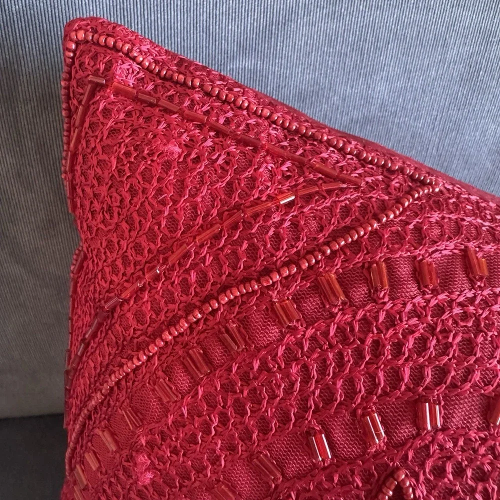 Pier 1 Imports ~ Red Beaded Throw Pillow ~ Rectangular ~ Shiny ~ Lumbar 16